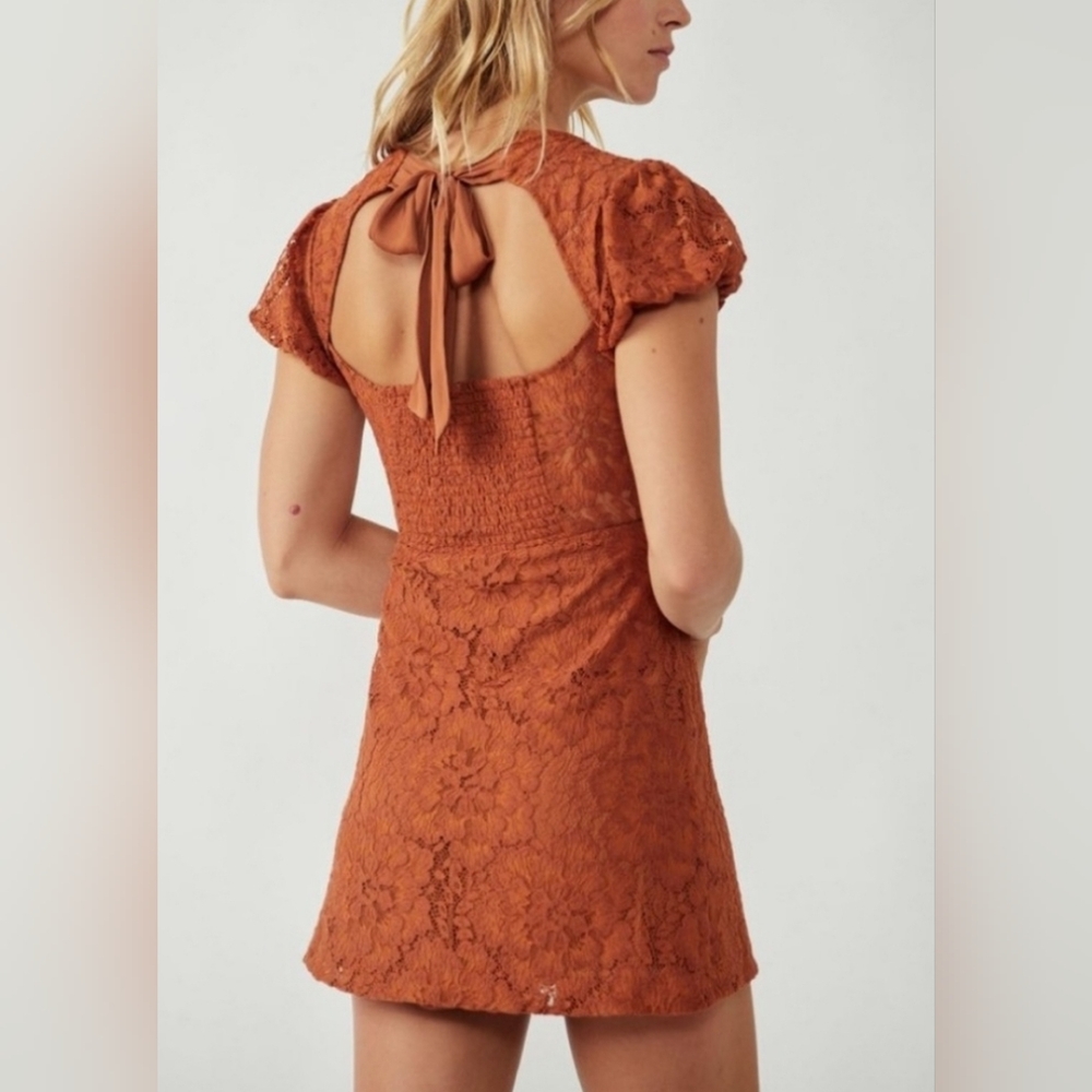 Free People Hailee Puff Sleeves Lace Dress/Brun